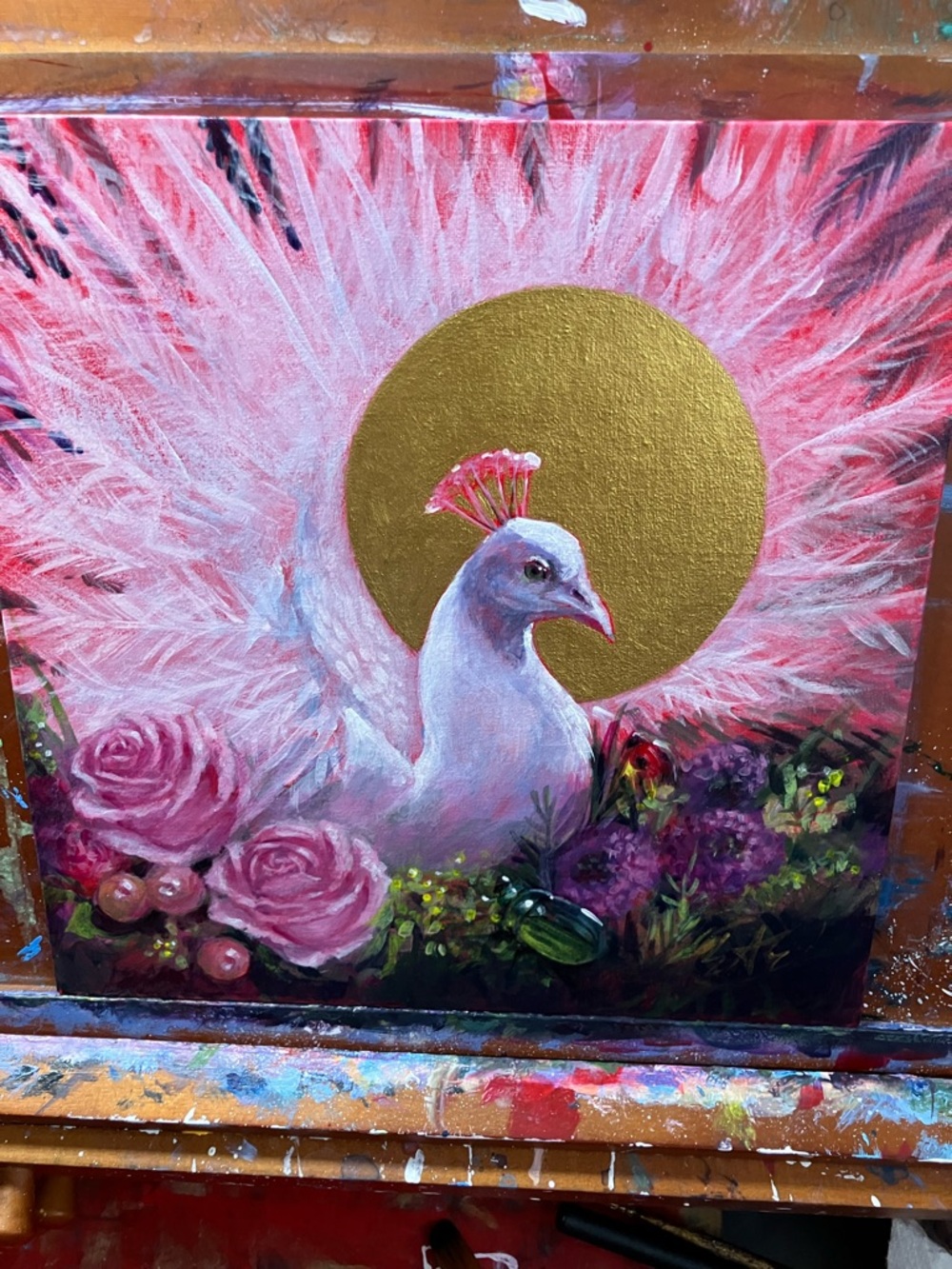Original White peacock painting surreal art bouquet floral still life - Picture 6 of 8